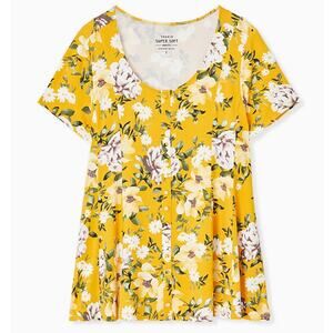 Torrid Super Soft Mustard Floral Top Womens 2X Fit & Flare Button Front Knit
